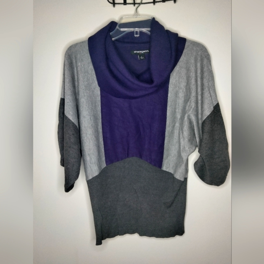 Sharagano (Size L) Gray/Purple Colorblock Puff Sleeve Cowl Neck Casual Sweater